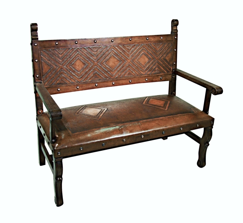Indoor Bench Spanish Colonial Geometric Carving with Nailhead Trim