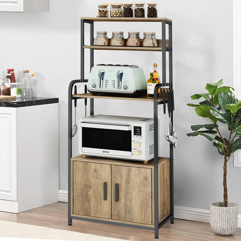 Industrial Bakers Rack with Matte Black Frame and Closed Cabinet