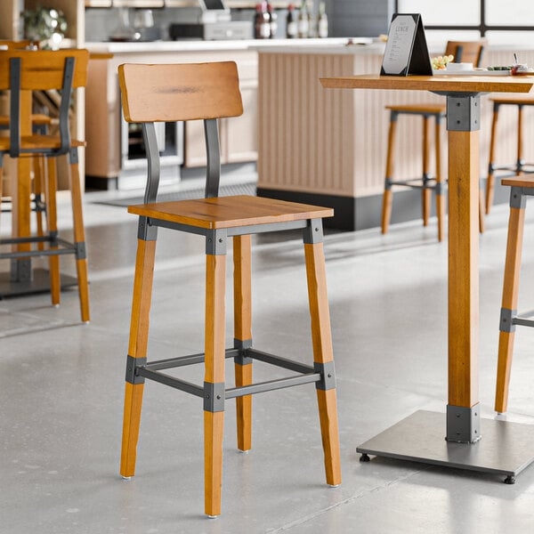 Industrial Bar Stool with Exposed Metal Brackets and Honey Finish