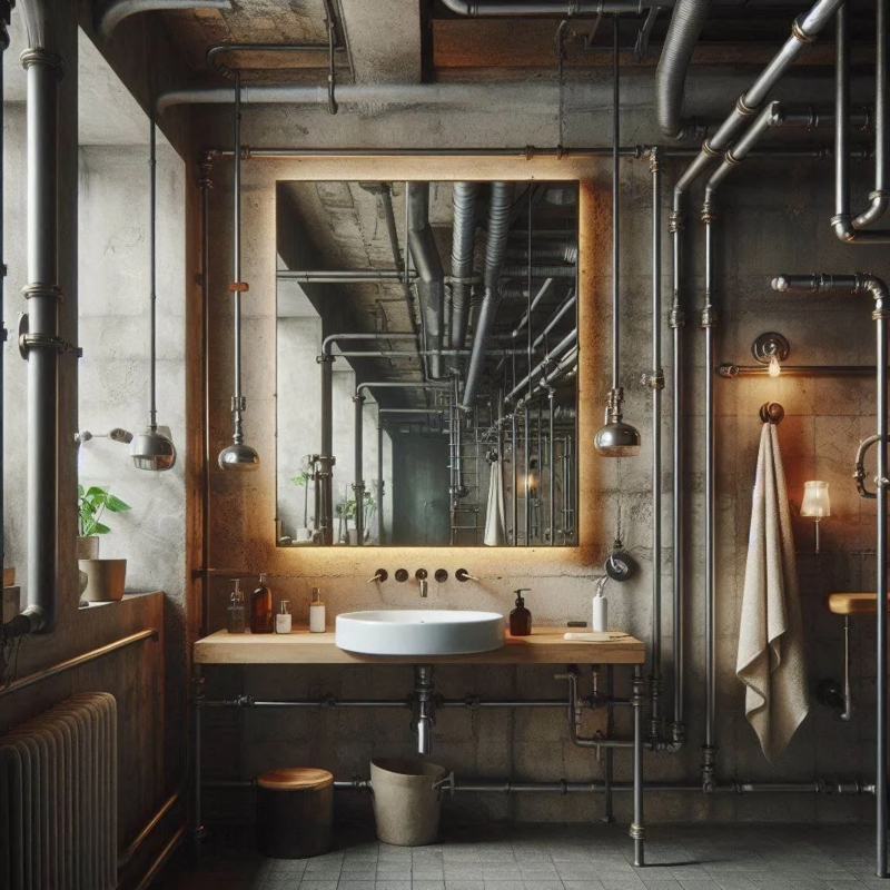 Industrial Bathroom: Features Backlit Mirror and Exposed Metal Piping