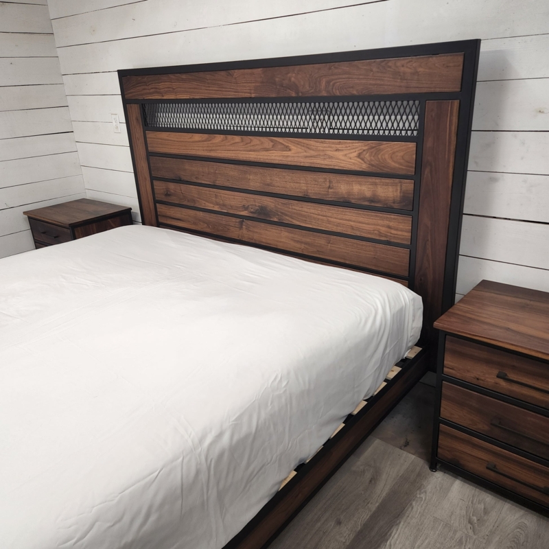 Industrial Bed Set Mesh Headboard Insert Walnut Wood Horizontal Slats
