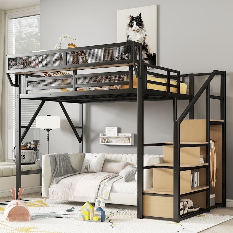 Industrial Black Metal Loft Bed with Stairs and Side Grid Rack