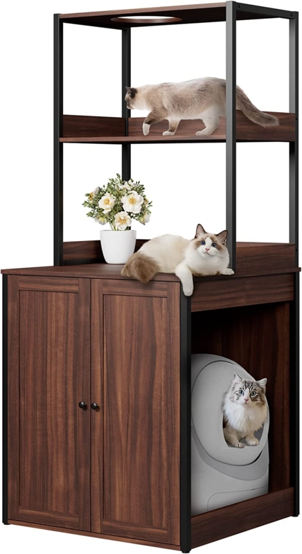 Industrial Cat Litter Enclosure Integrated Cat Tree Frame Walnut Brown
