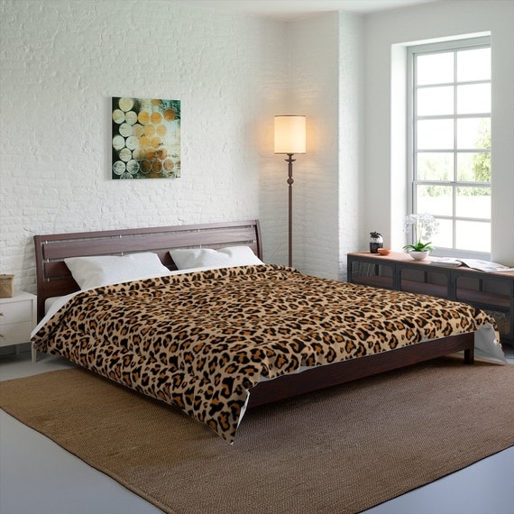 Industrial Chic Comforter with Bold Leopard Print & Slat Headboard
