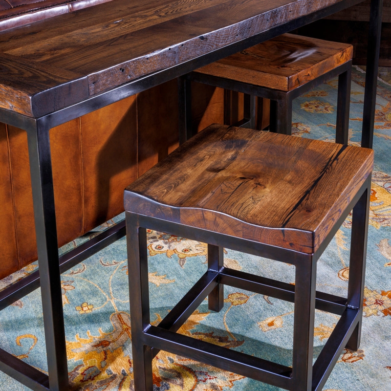 Industrial Console Table Set with Contoured Wood Seat Stools