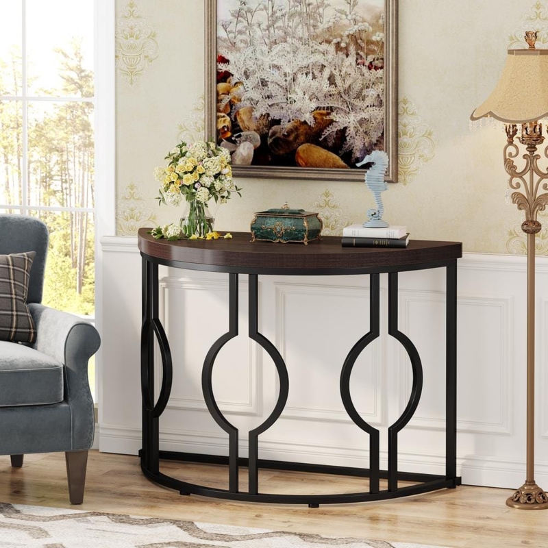 Industrial Console Table with Geometric Metal Base and Dark Top