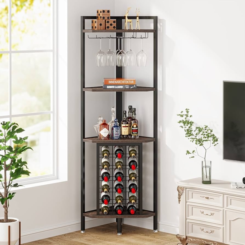 Industrial Corner Wine Rack 15 Bottle Capacity Stemware Holder