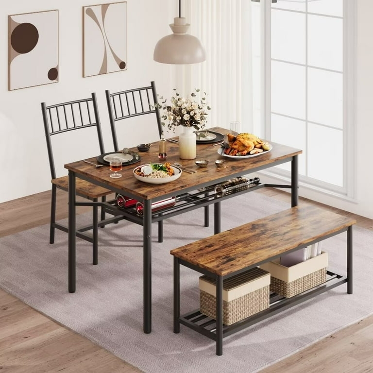 Industrial Dining Set with Bench and Distressed Wood Tones