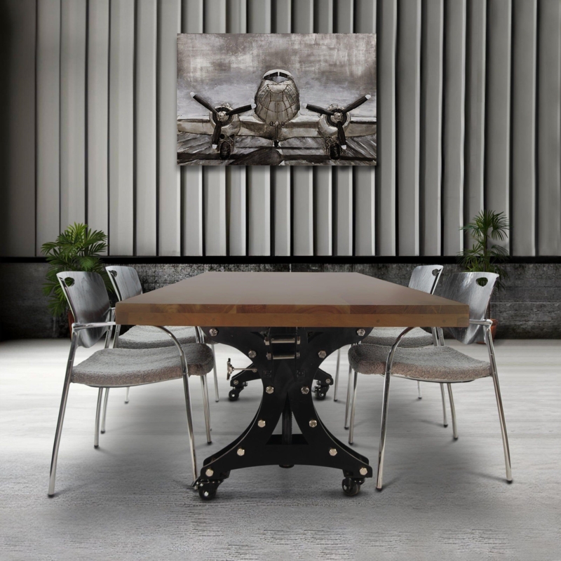 Industrial Dining Table Locking Casters Arched Base Rivet Details