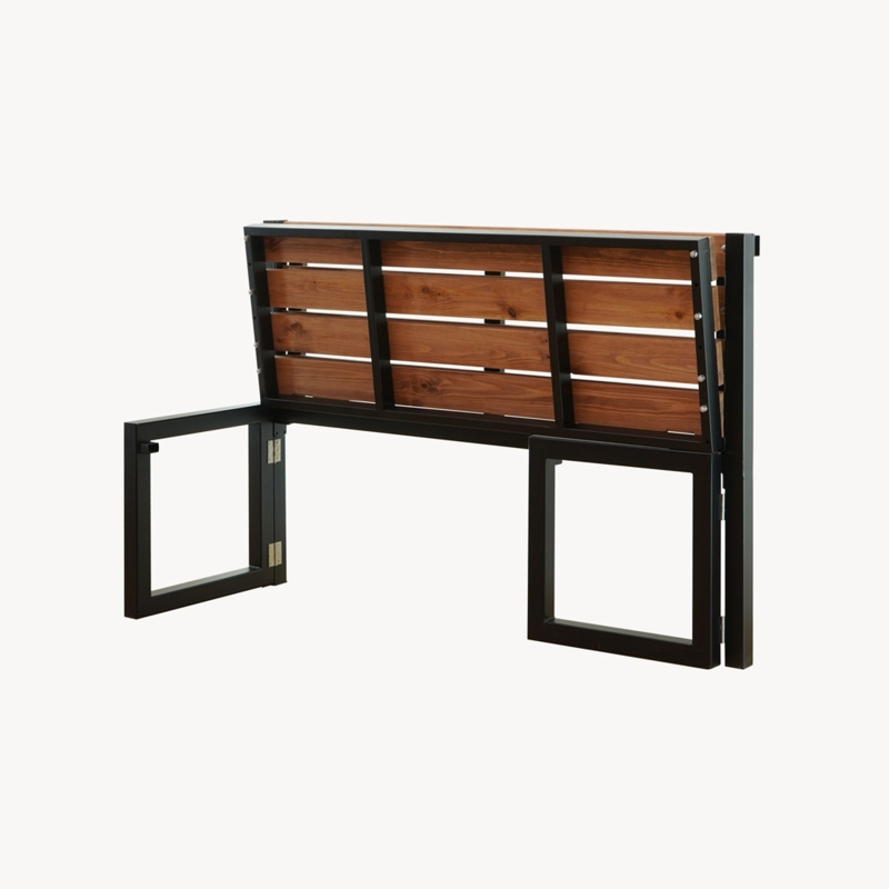 Industrial Folding Bench Matte Black Metal Frame Brown Wood Slats