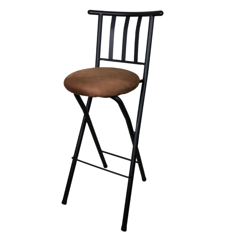 Industrial Folding Metal Bar Stool Matte Black Frame Brown Upholstered Seat