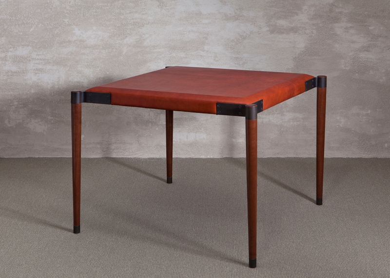 Industrial Game Table with Riveted Corner Brackets and Cognac Top
