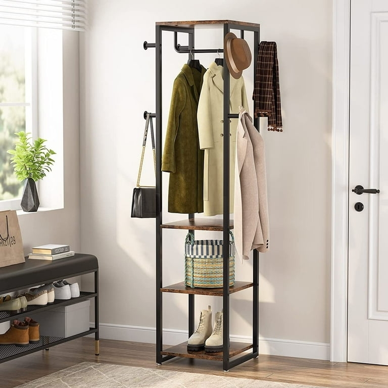 Industrial Hall Tree: Four-Tier Open Shelving with Matte Black & Rustic Wood