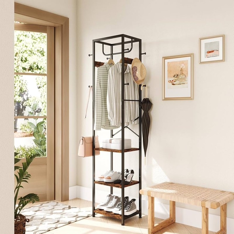 Industrial Hall Tree: Integrated Shelving with Rustic Brown & Black Metal Finish