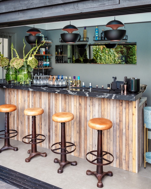 Industrial Home Bar Vertical Wood Slats Black Marbled Counter