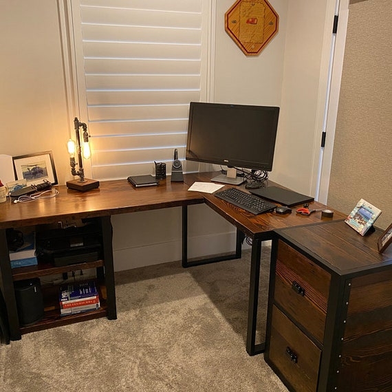 Industrial L-Shaped Desk with Distressed Wood Finish and Metal Frame