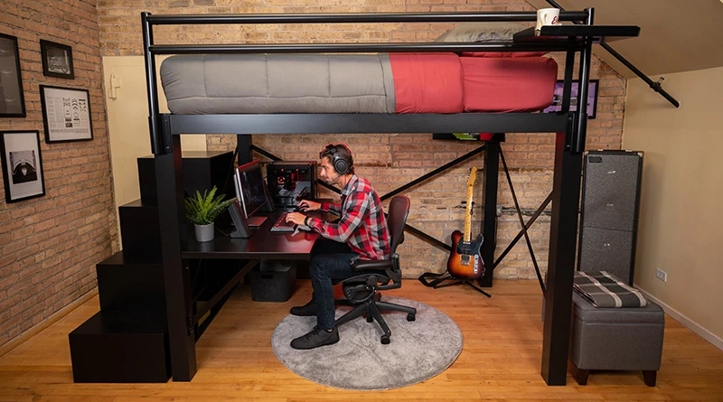 Industrial Loft Bed Matte Black Metal Heavy Duty with Staircase