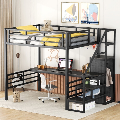 Industrial Loft Bed Storage Stairs Wardrobe Metal Frame Studio