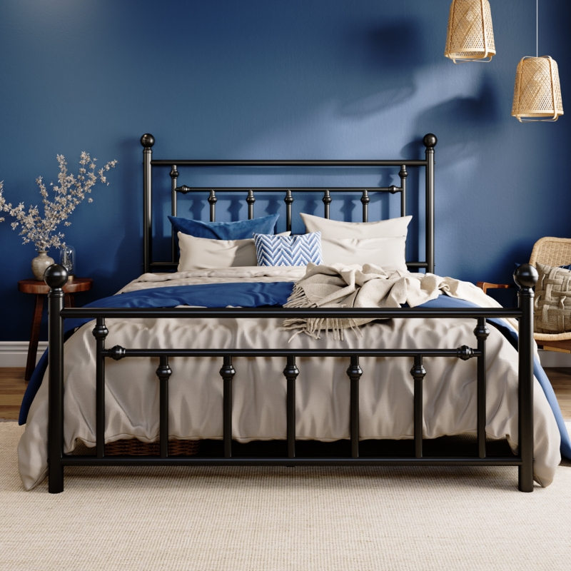 Industrial Metal Bed Frame Spindled Headboard Tubular Design