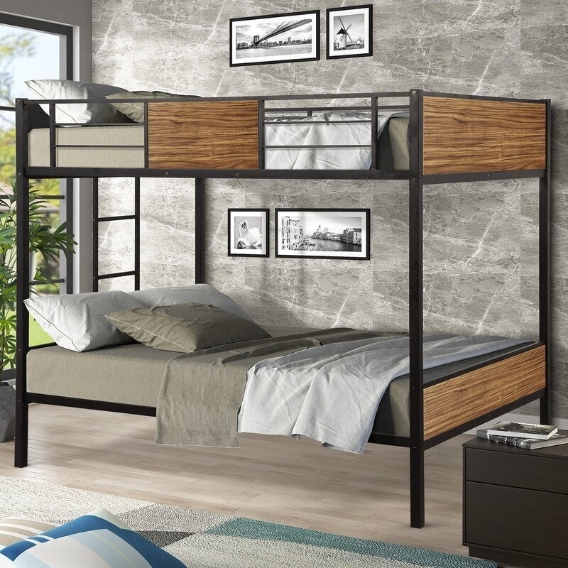 Industrial Metal Bunk Bed Wood Toned Panels Matte Black Frame