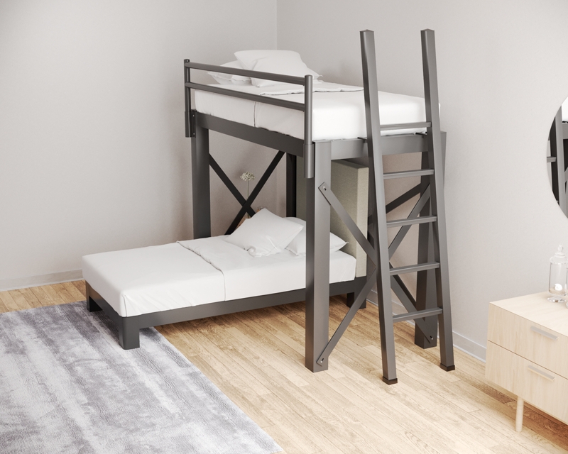 Industrial Metal L-Shaped Bunk Bed with Leaning Ladder