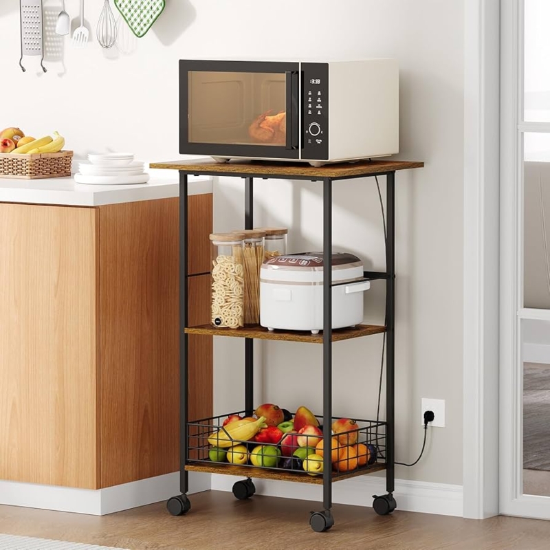 Industrial Microwave Stand with Wire Basket and Wood Shelves