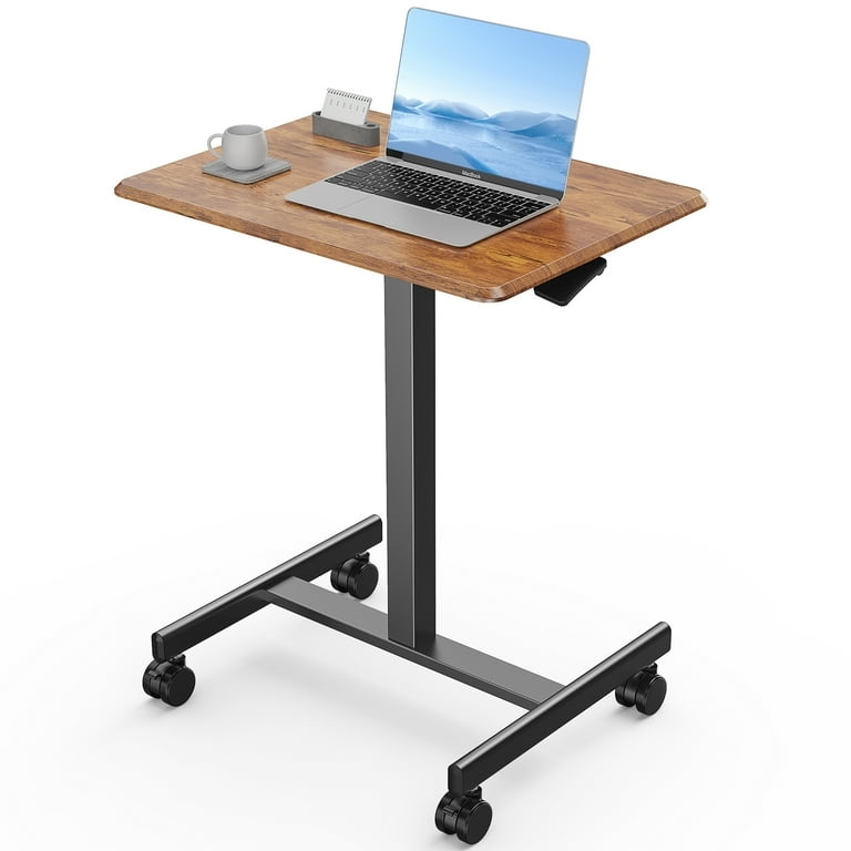 Industrial Mobile Standing Desk Rust Brown Top H-Shaped Base