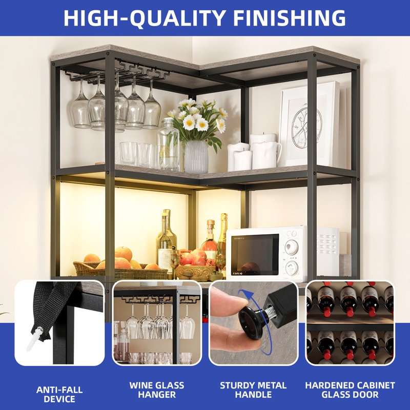 Industrial Modern L-Shaped Corner Wine Rack with Microwave Shelf