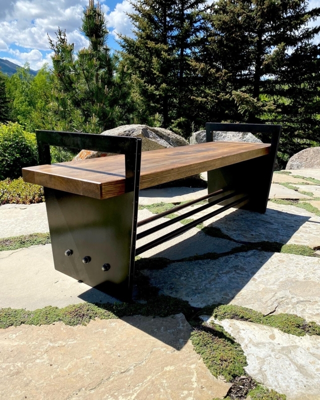 Industrial Outdoor Bench featuring Triple Rod Base and Slab Legs
