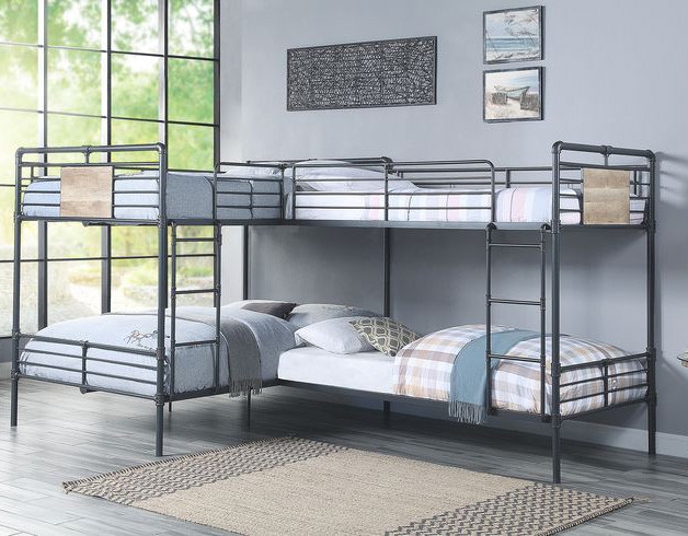 Industrial Pipe Style L-Shaped Quad Bunk Bed in Charcoal Gray