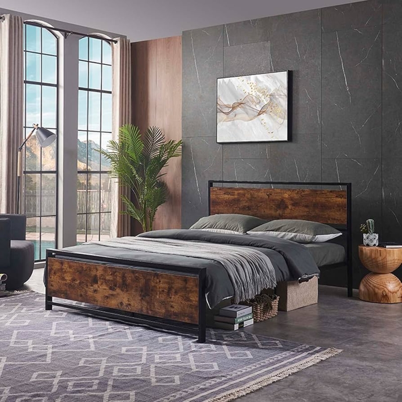Industrial Platform Bed Rustic Wood Headboard Matte Black Metal