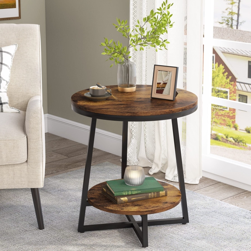 Industrial Round End Table with X-Shaped Base and Shelf