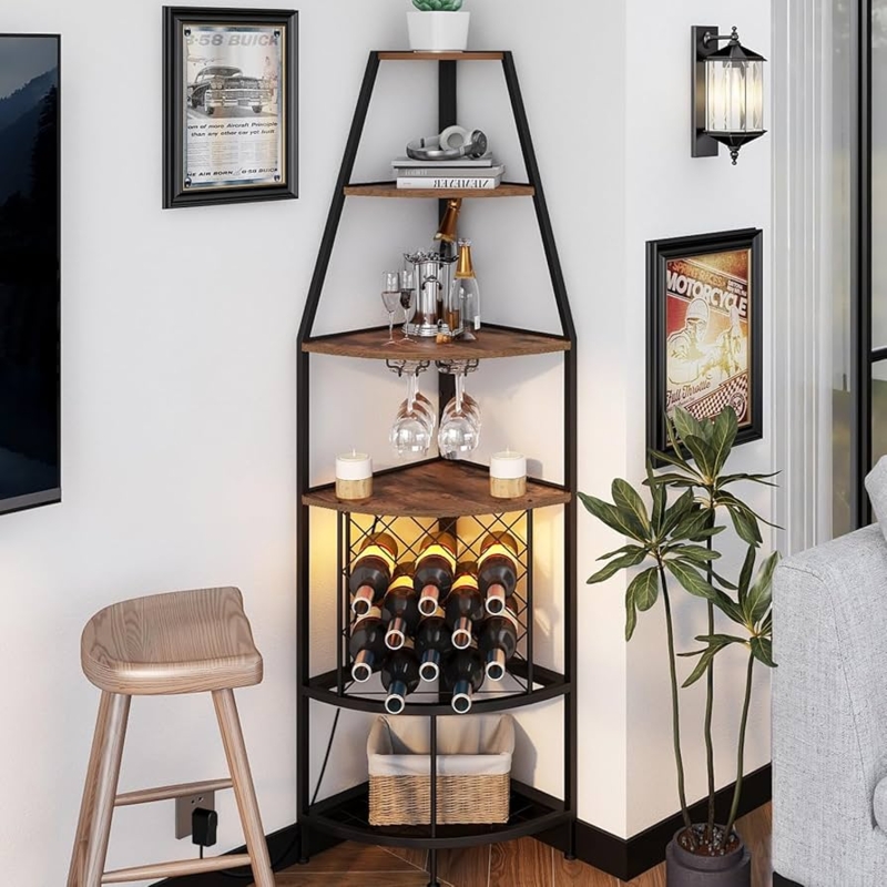 Industrial Rustic Corner Wine Rack 16 Bottle Capacity Shelf