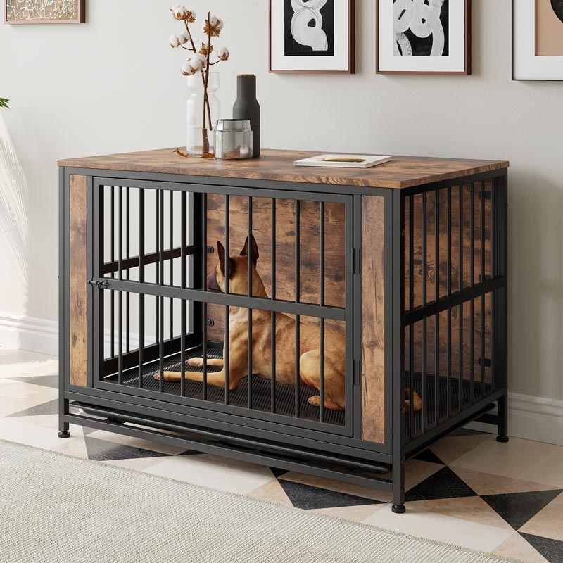 Industrial Rustic Dog Crate End Table Matte Black Bars Raised Feet