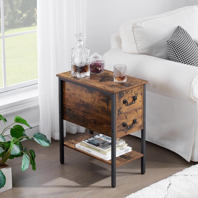 Industrial Rustic End Table with Walnut Wood and Metal Frame