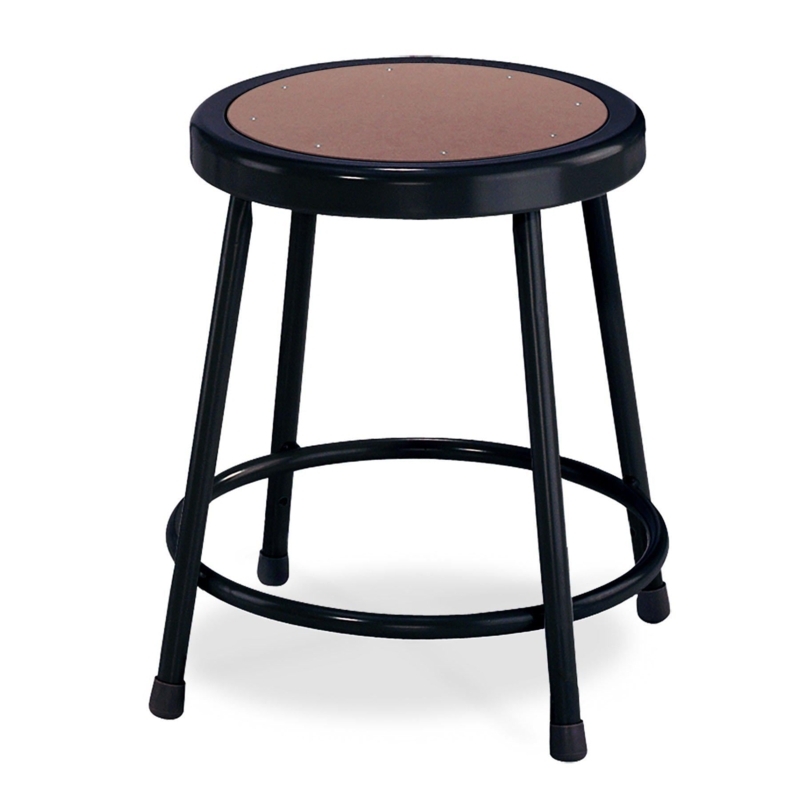 Industrial Stool Backless Black Tubular Steel Recessed Wood Toned Seat
