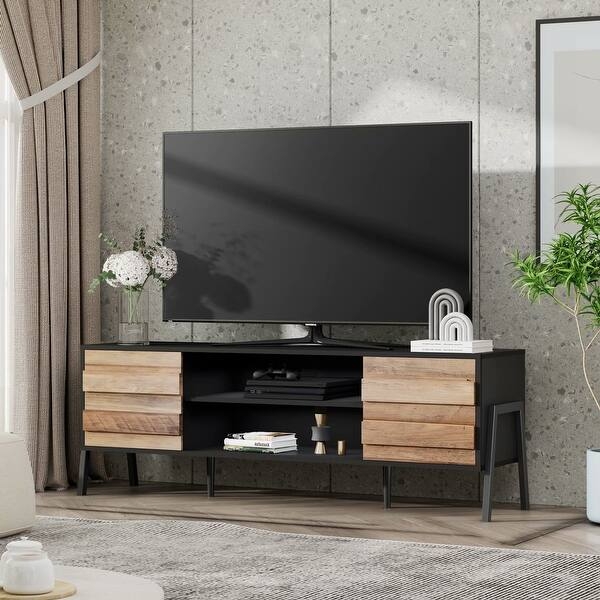 Industrial Tv Stand Slatted Plank Fronts and Mixed Media Frame