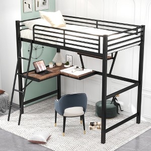 Industrial Twin Loft Bed L-Shaped Workstation Metal Frame