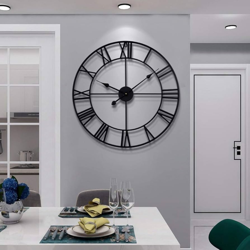 Industrial Wall Clock with Matte Black Skeleton Dial and Roman Numerals