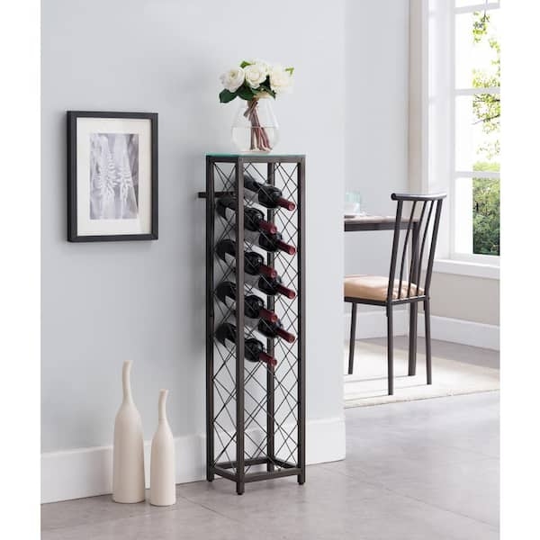 Industrial Wine Tower in Pewter Finish with Glass Top Shelf