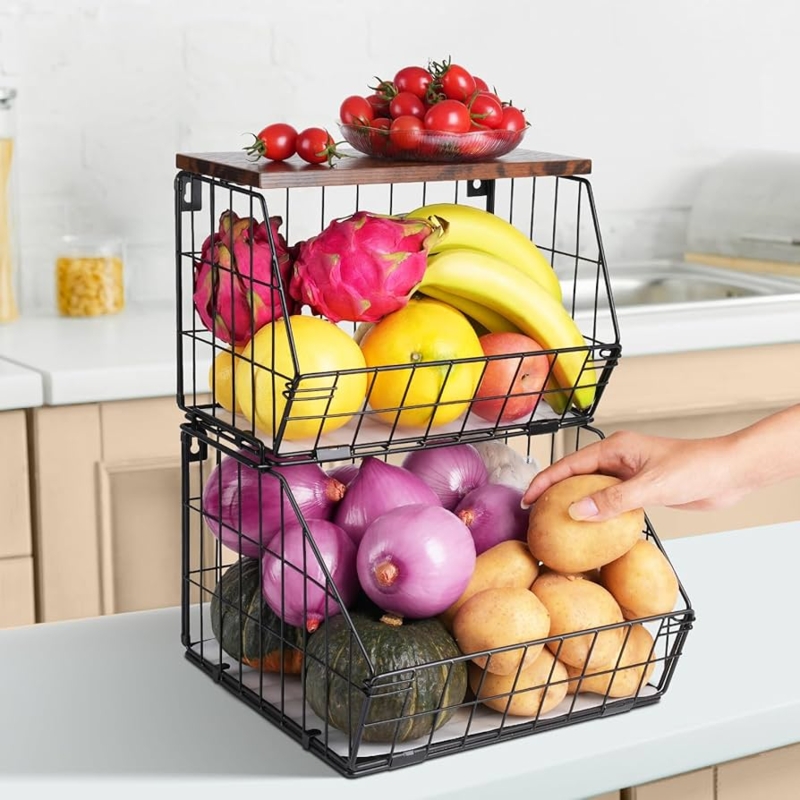 Industrial Wire Basket Stackable Wood Lid Open Front Organizer