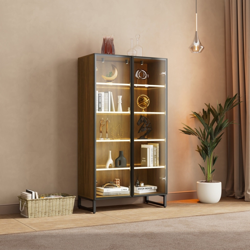 Industrial Wood Storage Unit with Walnut Grain and Slim Black Frame