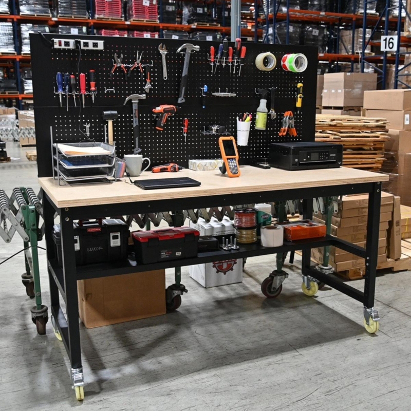 Industrial Workbench with Integrated Pegboard and Locking Casters