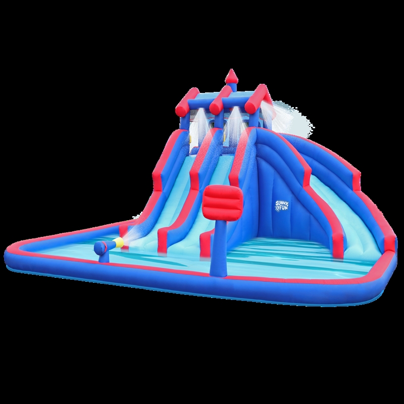 Inflatable Water Park Castle Tower Crimson Red Royal Blue Splash Pool