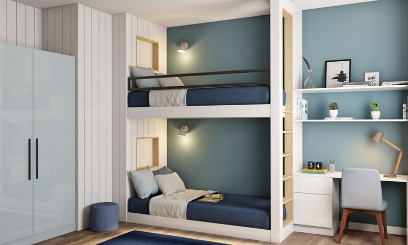 Integrated Desk Bunk Bed Recessed Niches Teal Blue Accents