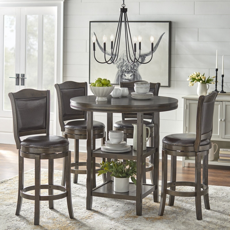 Integrated Shelving Pub Table Set Nailhead Trim Swivel Stools