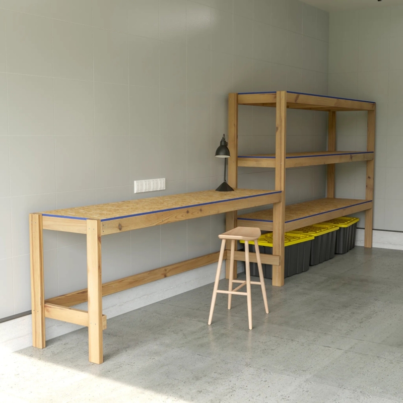Integrated Workbench Shelving Unit with OSB Texture