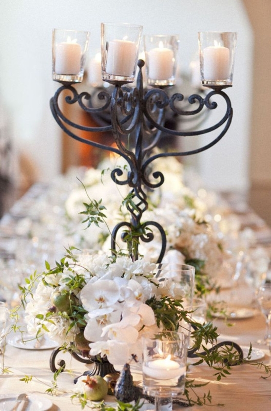 Iron Candelabra Centerpiece with Floral Base and Glass Hurricane Cups