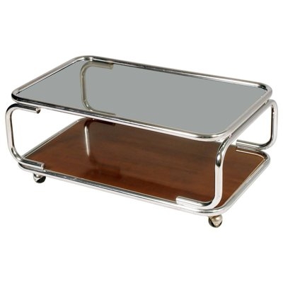 Italian Chrome, Smoked Glass & Faux Laminated Wood Coffee Table on Casters,  1960s