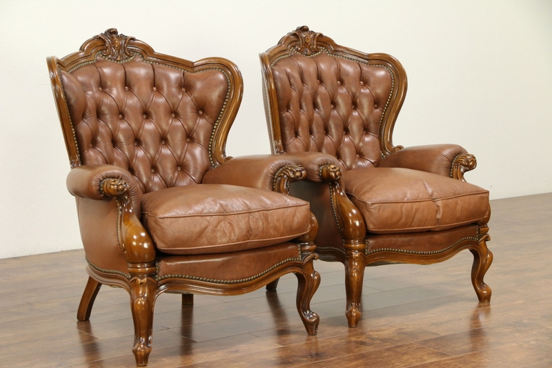 Italian Tufted Leather Vintage Pair of Wing Chairs, Hand Carved Frames  #30524